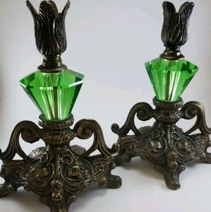 2 Vtg Pair Brass Glass Candle Holder 8" Crystal